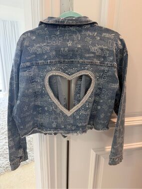 Blue Graphic Denim Jacket Embellished & cut out heart - Women